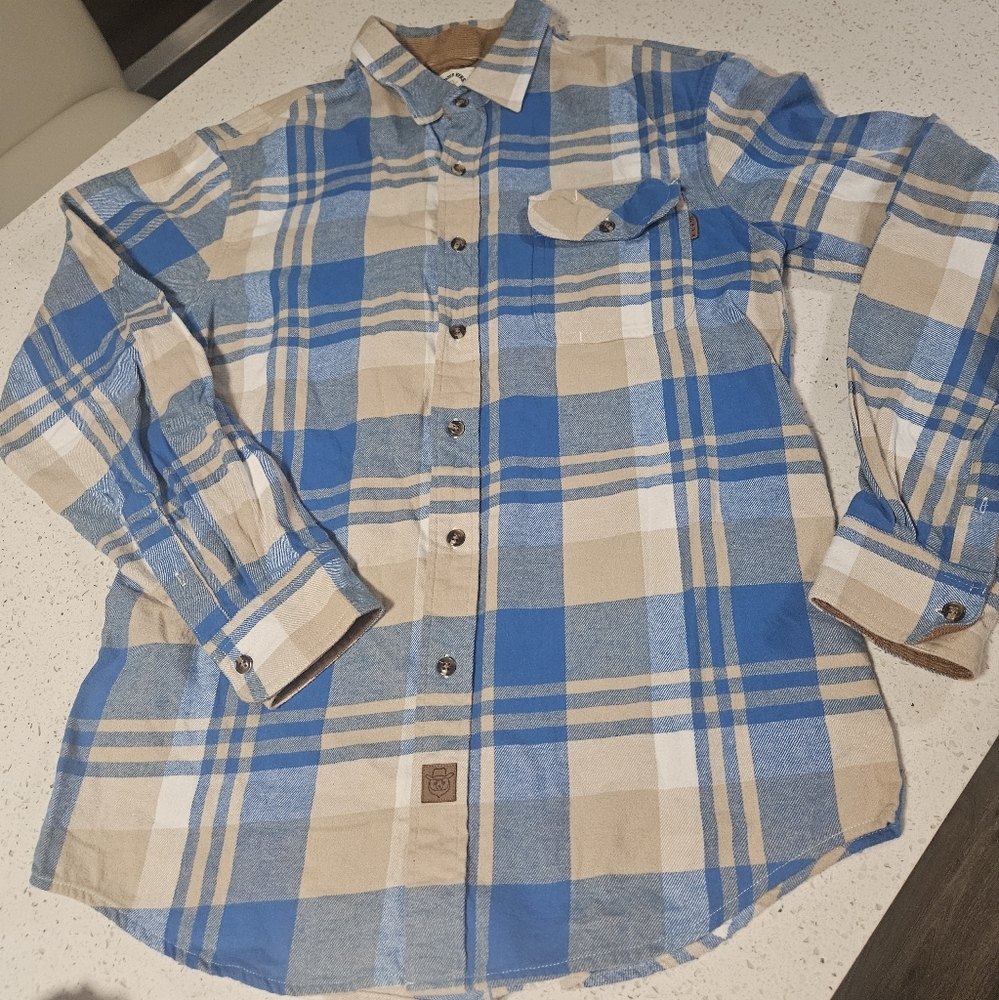 Blue and Tan Plaid Casual Button Down Shirt